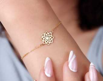14K Solid Gold Mandala Bracelet, Yoga Spiritual Jewelry Valentines Day Gift