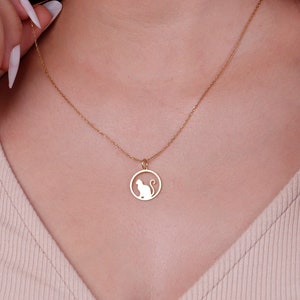 Colar de gato de ouro maciço 14K, colar de gato circular, joias de gato de ouro personalizadas, pingente de animal de ouro, colar de nome delicado, presente para ela