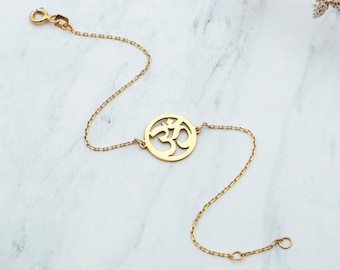 Om Bracelet in 14K Solid Gold, Ohm Bracelet,Yoga Teacher Gift,Gold Aum Charm Jewelry,Aum in Circle Bracelet,Spiritual Gift,Mothers Day Gifts