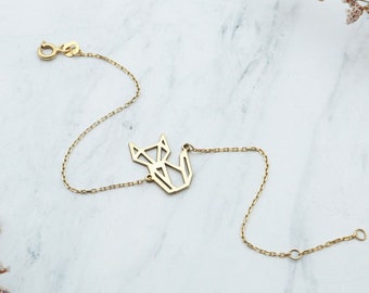 14K Solid Gold Origami Fox Bracelet, Geometric Animal Jewelry Valentines Day Gift