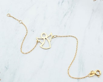 Pulseira de anjo em ouro maciço 14K, amuleto da sorte feito à mão, presente para o Dia dos Namorados.