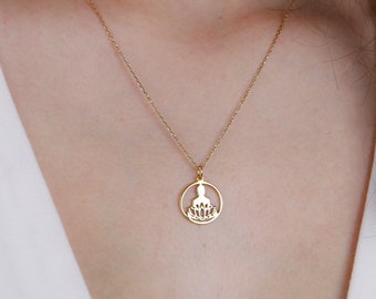 14K Solid Gold Buddha Necklace, Meditation Jewelry, Diwali Gift Valentines Day Gift