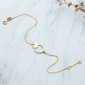 14K Solid Gold Open Circle Bracelet, 925K Silver Dainty Gold Circle Bracelet, Everyday Karma Bracelet, Minimal Outline Round Charm