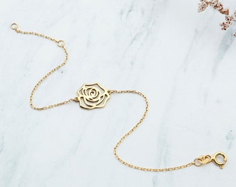 Rose Flower Bracelet in 14K Solid Gold, Dainty Flower Bracelet, Rose Charm Bracelet, Real Gold Floral Bracelet for Women, Mothers Day Gifts