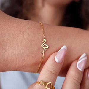 Flamingo Bracelet in 14K Solid Gold, Dainty Flamingo Bracelet, Animal Bracelet, Gold Flamingo Bracelet,Pink Flamingo Charm, Christmas Gifts