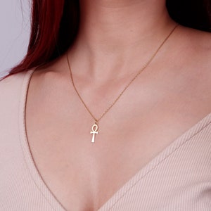 14K Solid Gold Ankh Cross Necklace, Real Gold Cross, Religious Gold Cross Charm Pendant,Ancient Egypt Ankh Cross Jewelry,Christmas Necklaces