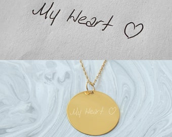 Engraved Actual Handwriting Charm Necklace in 14K Solid Gold, Memorial Signature Disk Pendant,Personalized Handwritten Disc, Loss Jewelry
