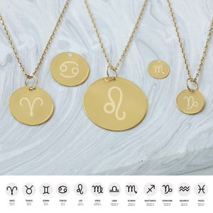 14K Solid Gold Custom Zodiac Necklace, Grawerowany wisiorek z monetą zodiakalną, Znaki zodiaku i daty, Złote naszyjniki dla par, Biżuteria z dyskiem horoskopowym