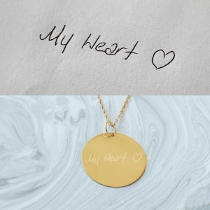 Engraved Actual Handwriting Charm Necklace in 14K Solid Gold, Memorial Signature Disk Pendant,Personalized Handwritten Disc, Loss Jewelry