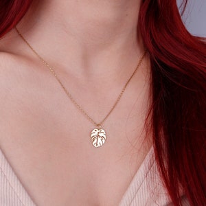 14K Solid Gold Monstera Leaf Necklace, Monstera Foliage, Gold Monstera Leaf Pendant, Dainty Tropical Leaf Charm, Christmas Necklaces