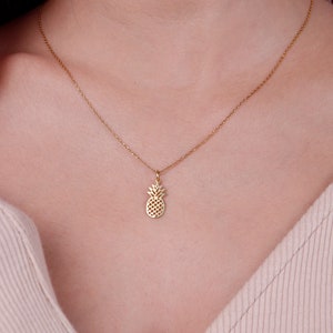 14k Solid Gold Pineapple Charm Necklace, Real Gold Pineapple Jewelry, Tropical Fruit Necklace,Hawaiian, Summer Necklace, Christmas Gifts