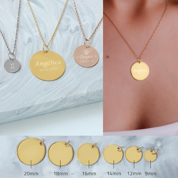 Custom Engrave Disc Necklace in 14K Solid Gold, Personalized Dainty Gold Charm Pendant, Real Gold 2 Side Engravable Multi Disk Jewelry Gift