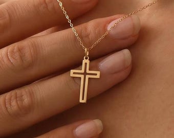 Dainty 14K Solid Gold Open Cross Pendant Necklace, Handmade Faith Charm, Christian Religious Jewelry, Christmas Gift