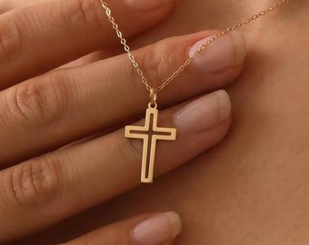 14K Solid Gold Open Cross Pendant Necklace, Dainty Handmade Faith Charm, Christian Religious Jewelry, Christmas Gift