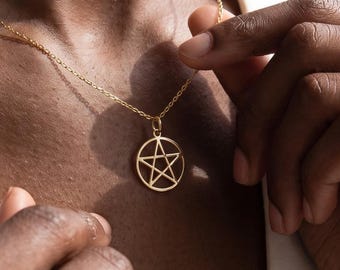 14K Solid Gold Pentagram Necklace, Handmade Pentacle Charm Valentines Day Gift
