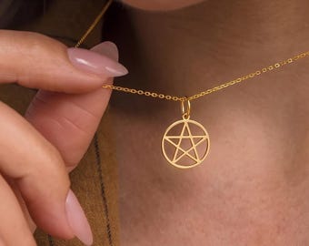 14K Solid Gold Pentagram Necklace, Handmade Pentacle Charm Valentines Day Gift