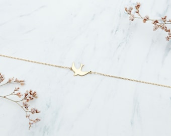 14K Solid Gold Flying Swallow Bracelet, Real Gold Bird Bracelet, Handmade Gold Swallow Bird Bracelets, Mothers Day Gifts, Swallow Lovers