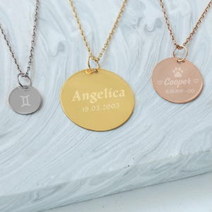 Custom Engrave Disc Necklace in 14K Solid Gold, Personalized Dainty Gold Charm Pendant, Real Gold 2 Side Engravable Multi Disk Jewelry Gift