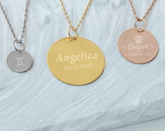 Custom 14K Solid Gold Disc Necklace, Personalized Charm Pendant Valentines Day Gift