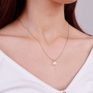 Colar de palmeira de ouro maciço 14K, pingente de palmeira delicado de ouro verdadeiro, colar de palmeira, pingente de palmeira, colar de barra de nome, joias de verão de ouro