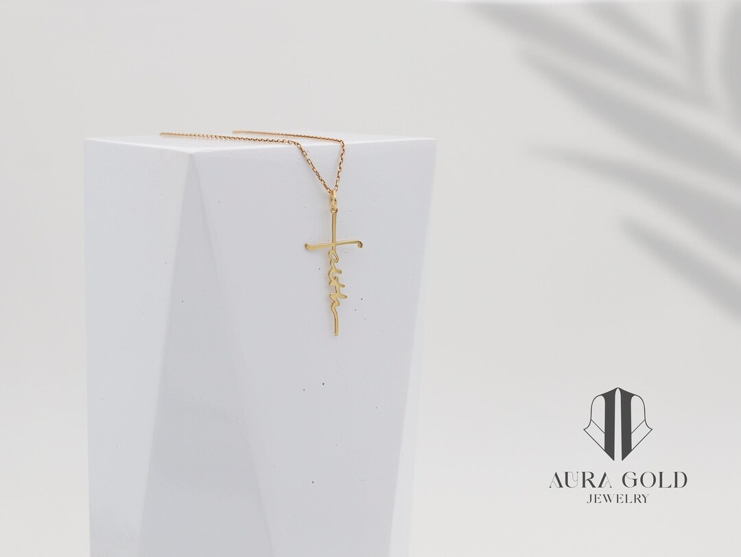 14K Solid Gold Faith Cross Necklace, Faith Dainty Cross Pendant, Faith