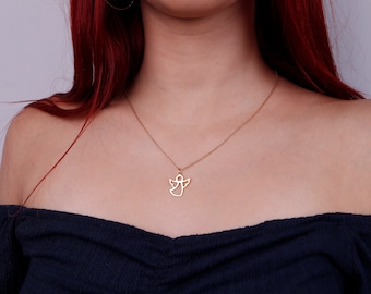 14K Solid Gold Angel Pendant Necklace, Good Luck Charm Valentines Day Gift