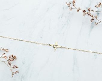 14K Solid Gold North Star Bracelet, Celestial Jewelry Gift Valentines Day Gift