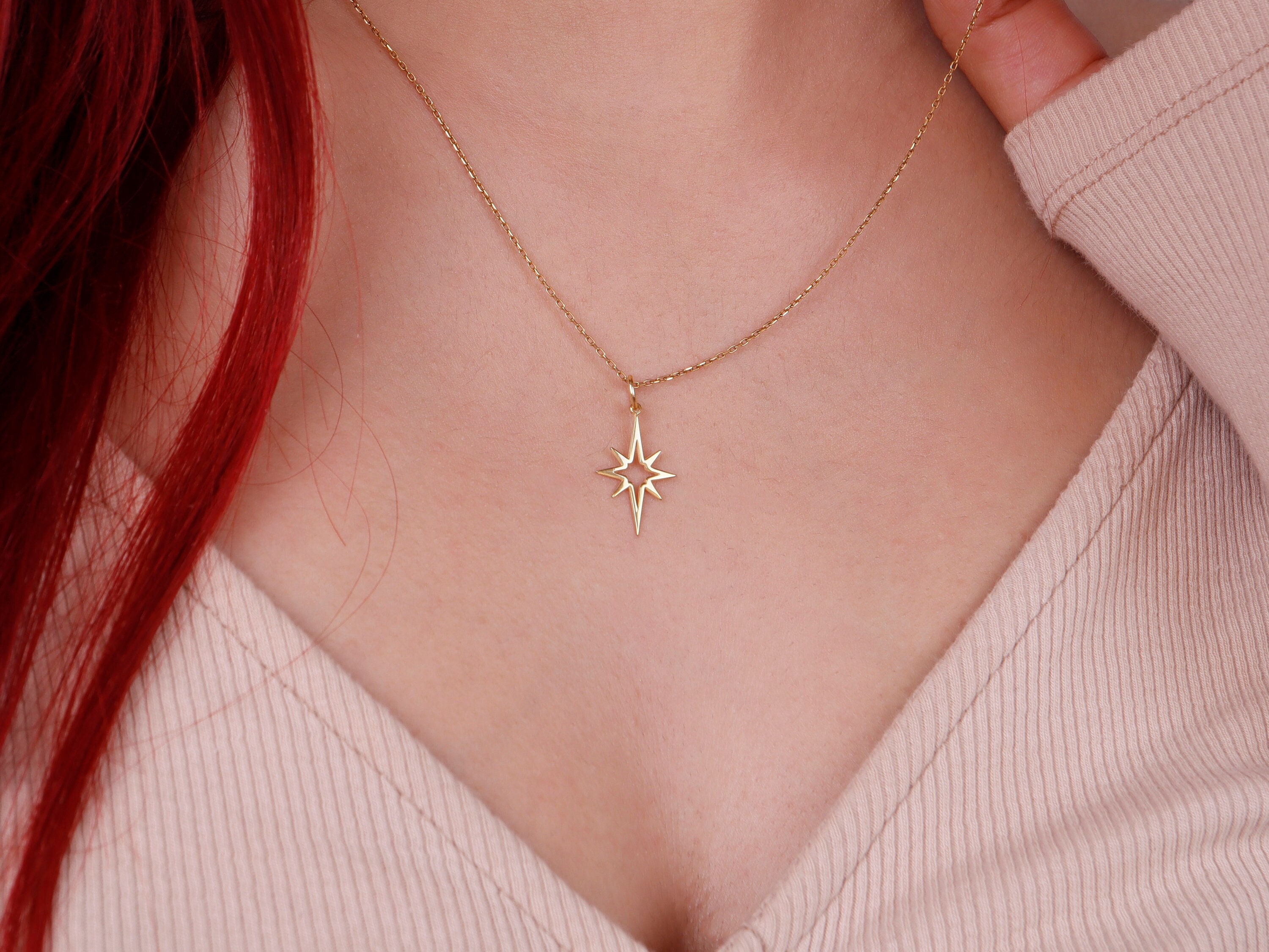 14k Gold North Star Pendant Necklace - Dainty Celestial Charm In Yellow Gold - View #5