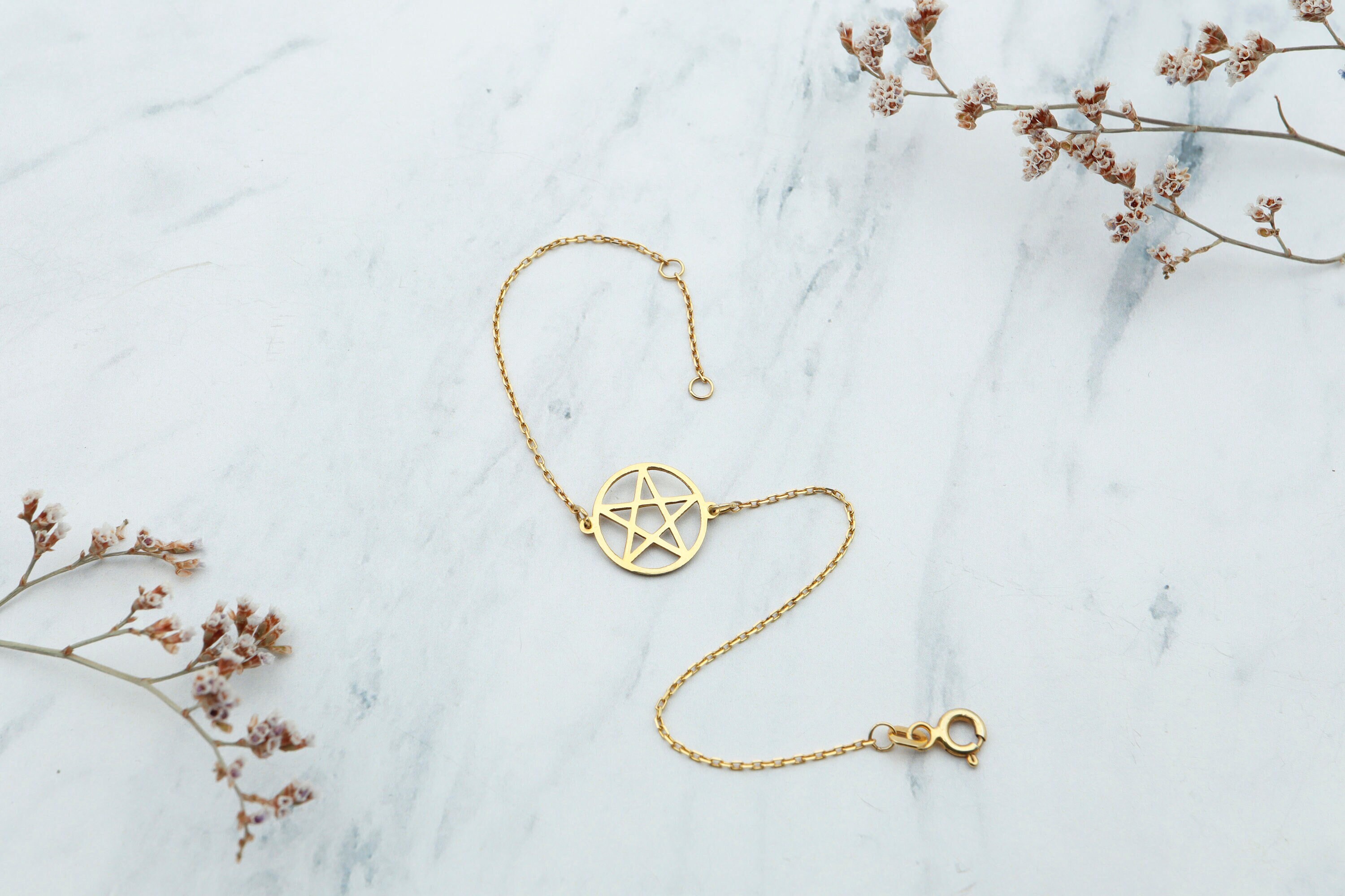 Sterling Silver Gold Plated Crescent Moon Pentacle Pentagram Pendant Moonstone | UK