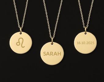 Custom Engraved 14K Solid Gold Disc Necklace, Personalized Charm Pendant Valentines Day Gift