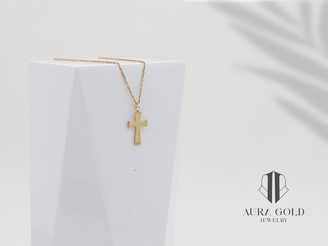 14K Solid Gold Cross Necklace, Real Gold Cross Pendant, Dainty Cross Jewelry, Guardian Angel
