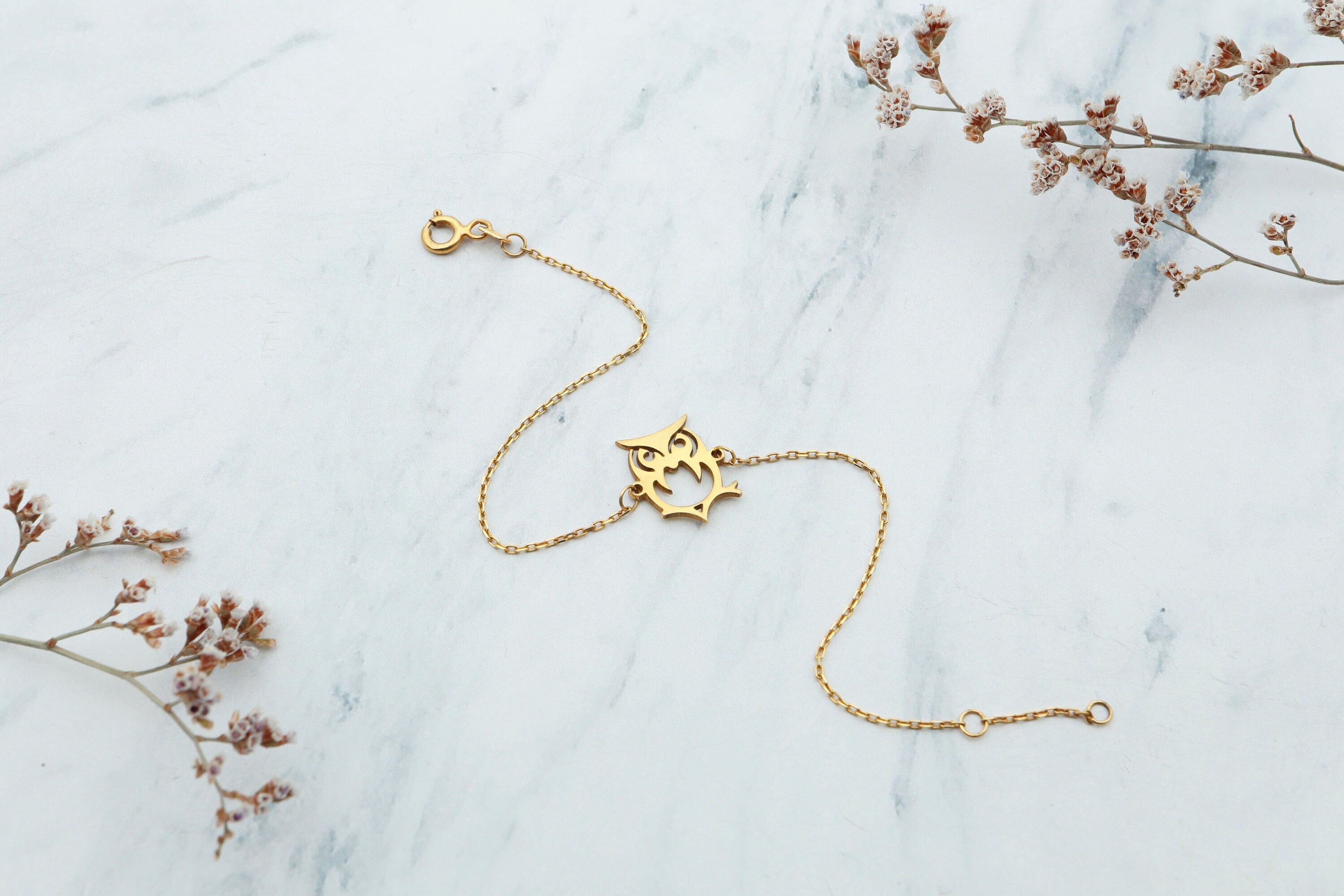 14K Solid Gold Owl Bracelet, Handmade Silver Animal Jewelry Valentines Day Gift