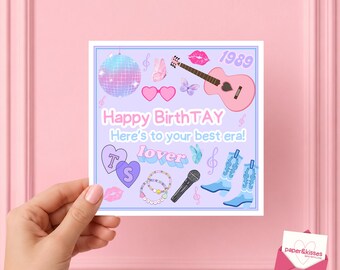 Happy Birthtay - Taylor Swift themed Birthday Card | Eras Tour, Guitar, Friendship Bracelets, 1989, Lover, Cowgirl, Discoball, Swifties