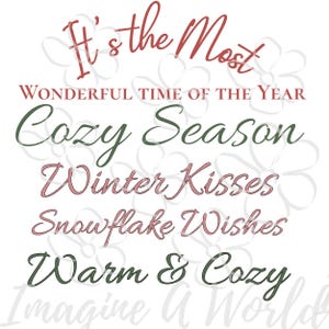 Puede incluir: Fondo blanco con texto en varios colores. El texto dice: "It's the Most Wonderful Time of the Year", "Cozy Season", "Winter Kisses", "Snowflake Wishes" y "Warm & Cozy".