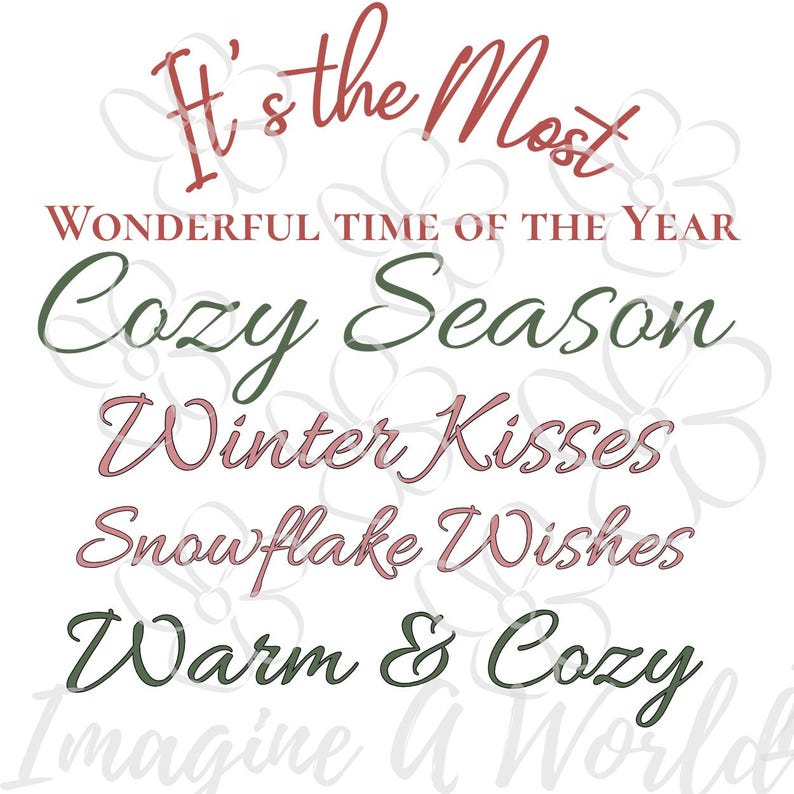 Puede incluir: Fondo blanco con texto en varios colores. El texto dice: "It's the Most Wonderful Time of the Year", "Cozy Season", "Winter Kisses", "Snowflake Wishes" y "Warm & Cozy".