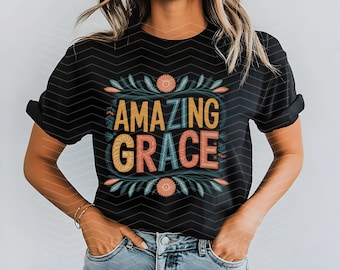 Diseño de sublimación PNG de la increíble gracia de Jesús cristiano, clipart de camiseta de fe de Jesús, arte floral cristiano, flores silvestres, descarga digital
