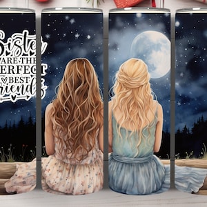 Las hermanas son las mejores amigas perfectas, vaso delgado de 20 oz, diseño de sublimación, Noche estrellada, envoltura digital PNG recta y cónica,