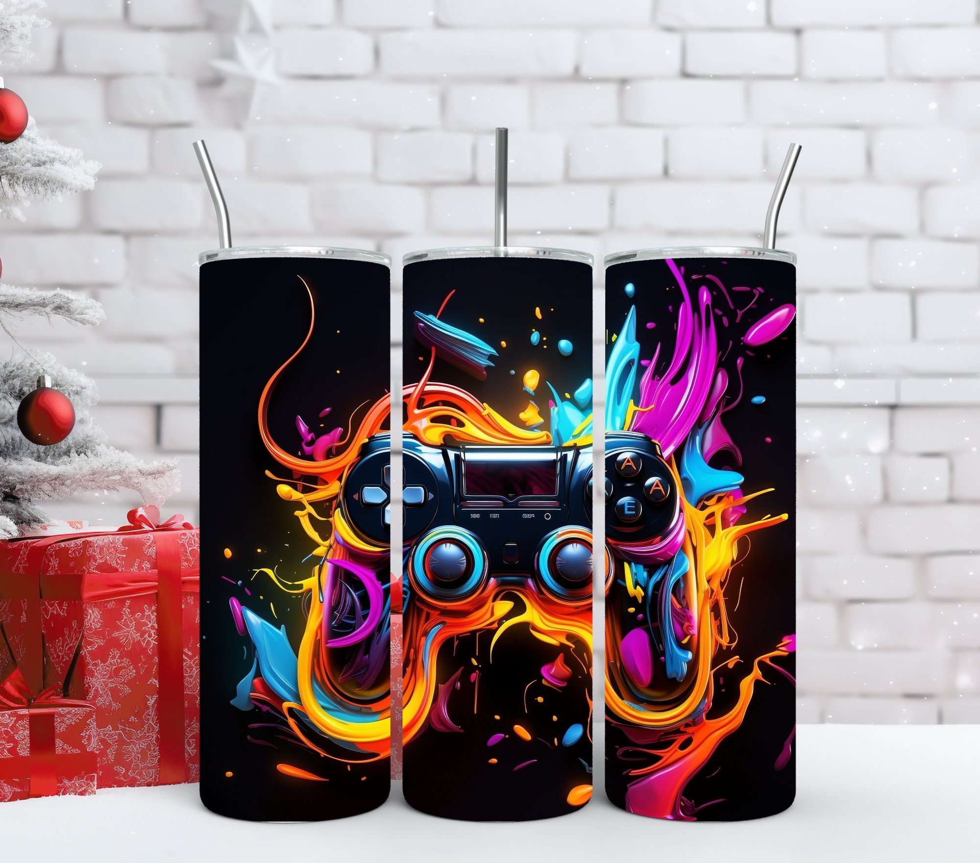 Gamer 20 Oz Skinny Tumbler Sublimation Design Neon Game Controller ...