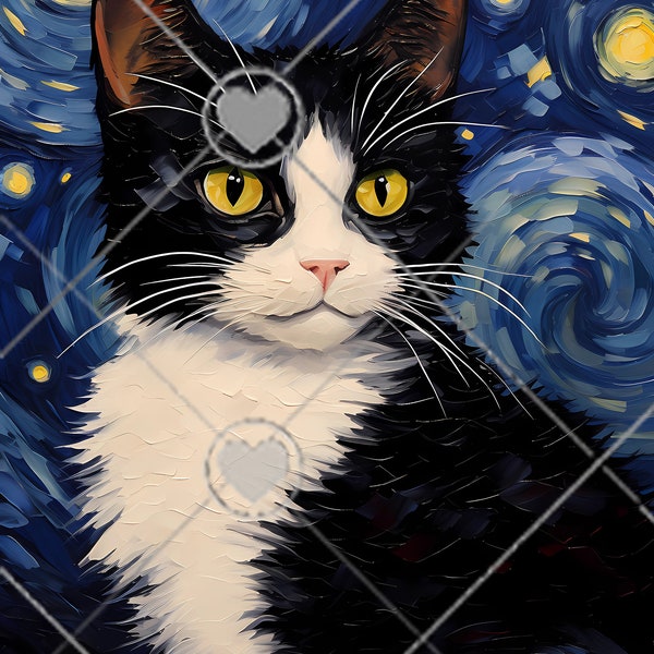 Tuxedo Cat Starry Night Poster | Printable Black and White Tuxedo Cat Print | Van Gogh Starry Night with Tuxedo Cat l Downloadable Art