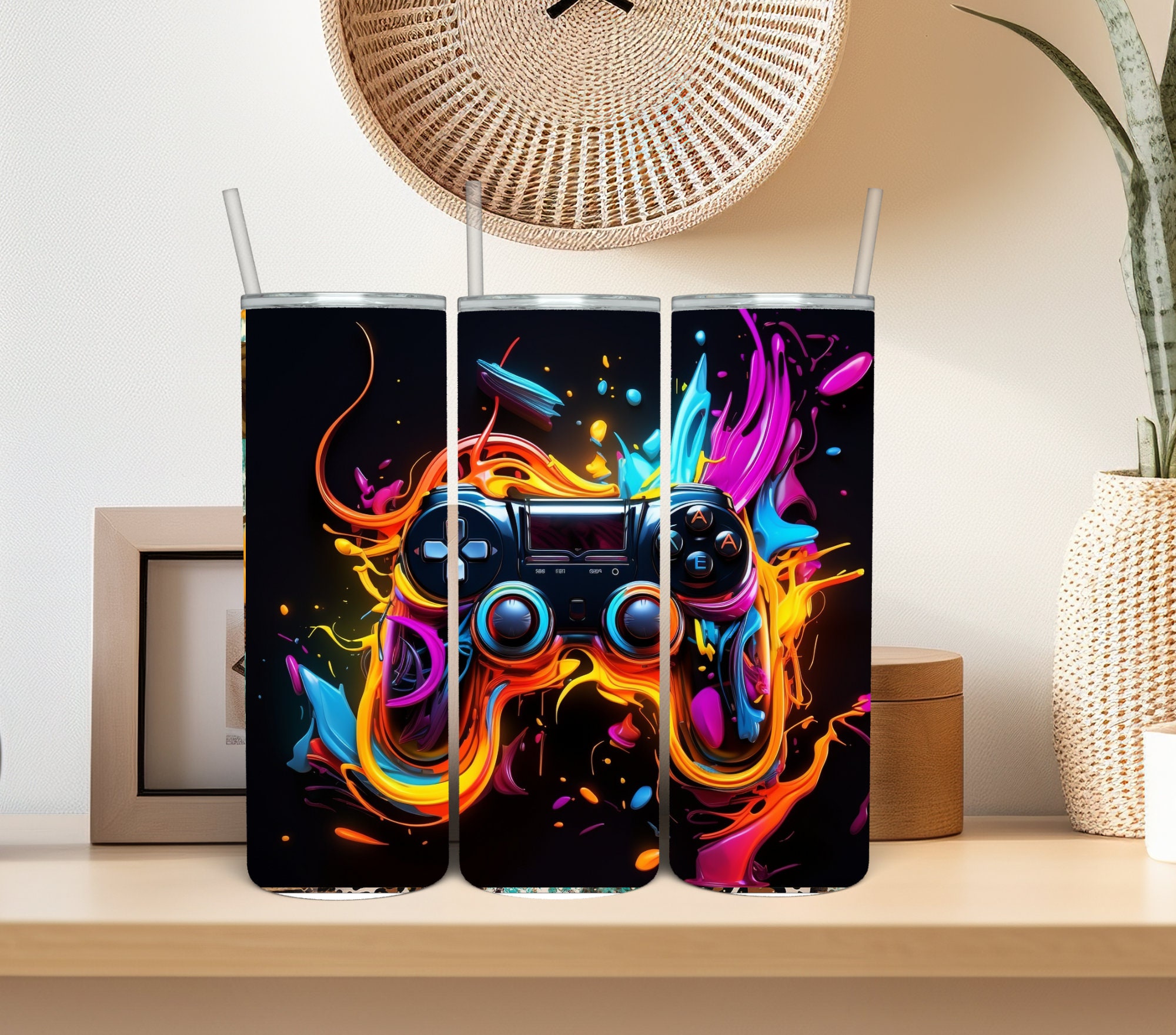 Gamer 20 Oz Skinny Tumbler Sublimation Design Neon Game Controller ...