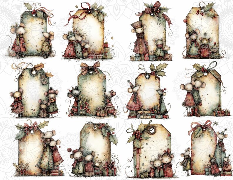 32 Christmas Vintage Whimsical Quirky Mice Gift Tags PNG Digital ...