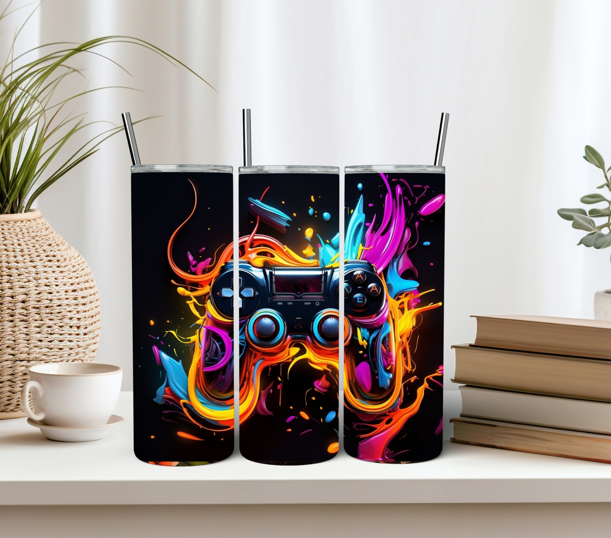 Gamer 20 Oz Skinny Tumbler Sublimation Design Neon Game Controller ...