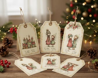 42 etiquetas de regalo navideñas vintage, extravagantes y con forma de ángel, PNG, descarga digital, 42 etiquetas lindas de 4 x 4, etiquetas de regalo, imágenes de ángeles, etiquetas navideñas, bolsas de regalo