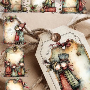 May include: A collection of watercolor Christmas gift tags featuring whimsical illustrations of figures in winter attire. Each tag has a blank space for personalization and is adorned with festive details like holly and ribbons. The tags have the words "Merry Christmas".