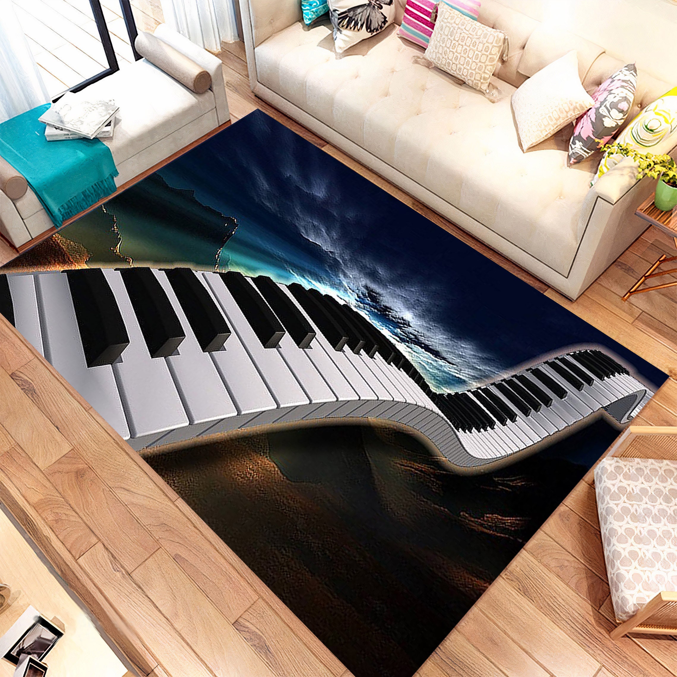 Tapis de Salon 3D Notes de Musique Touches de Piano Couloir