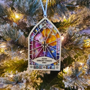 How Great Thou Art Stained Glass Pressed Flower Ornament | Laser Engraved Ornament |  Christian Ornament | Nature Lover Ornament | Hymn gift