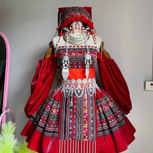 Hmong dress for women, Ethnic embroidered Hmong clothes, Hill tribe Handmade Hmong outfit, Hmong Traditional costumes in Vietnam