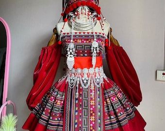 Hmong dress for women, Ethnic embroidered Hmong clothes, Hill tribe Handmade Hmong outfit, Hmong Traditional costumes in Vietnam