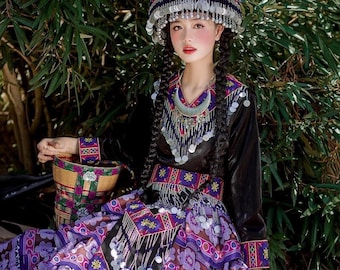Hmong dress for women, Ethnic embroidered Hmong clothes, Hill tribe Handmade Hmong outfit, Hmong Traditional costumes in Vietnam