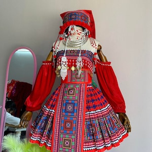Hmong dress for women, Ethnic Hmong clothes, Handmade Hill tribe Hmong outfit, Traditional costume in Vietnam